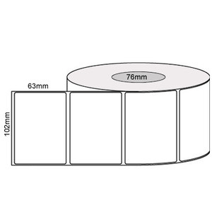 White 100mm x 63mm direct thermal label roll on a 76mm core, 2000 labels per roll