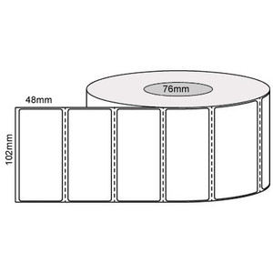 White 102mm x 48mm thermal transfer label roll on a 76mm core, 2000 labels per roll, perforated