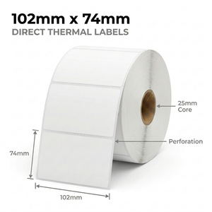 White 102mm x 74mm direct thermal label roll on a 25mm core, 1000 labels per roll, perforated