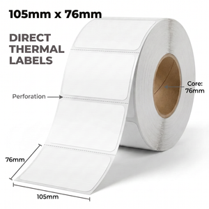 White 105mm x 76mm direct thermal label roll on a 76mm core, 1500 labels per roll, perforated