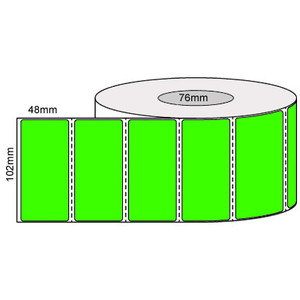Green 102mm x 48mm thermal transfer label roll on a 76mm core, 2000 labels per roll, perforated