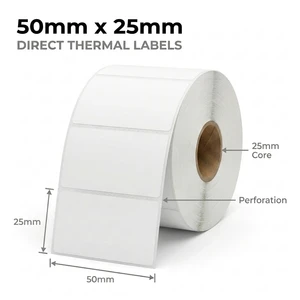 White 50mm x 25mm direct thermal label roll on a 25mm core, 500 labels per roll, perforated