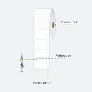 White Direct Thermal label Roll. 40mm x 28mm, 2000 Labels per roll, 25mm core with permanent adhesive. White Direct Thermal label Roll. 40mm x 28mm, 2000 Labels per roll, 25mm core with permanent adhesive.