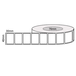 White 40mm x 30mm direct thermal label roll on a 76mm core, 4000 labels per roll
