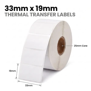 Roll of white 33mm x 19mm thermal transfer labels on a 25mm core, 1000 labels per roll