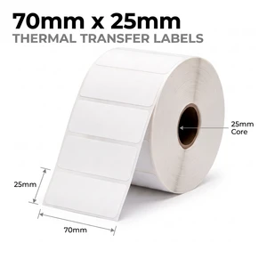 Roll of white 70mm x 25mm thermal transfer removable labels on a 25mm core, 1000 labels per roll