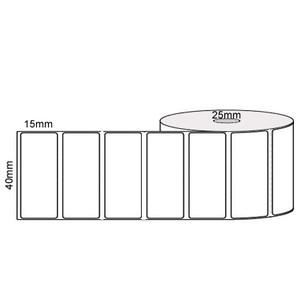 White 40mm x 15mm direct thermal label roll on a 25mm core, 1000 labels per roll