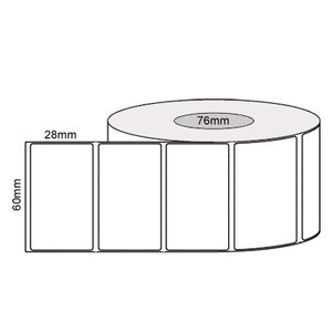 White Direct Thermal Labels, 60mm wide x 28mm deep, 4000 Labels per roll, 1 Label across, 76mm core, Permanent Adhesive Non-Perforated. White Direct Thermal Labels, 60mm wide x 28mm deep, 4000 Labels per roll, 1 Label across, 76mm core, Permanent Adhesive Non-Perforated.