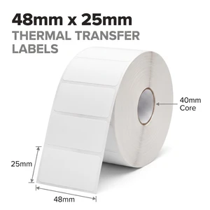 Roll of white 48mm x 25mm thermal transfer removable labels on a 40mm core, 2000 labels per roll
