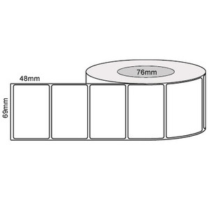White 69mm x 48mm direct thermal label roll on a 76mm core, 3000 labels per roll