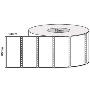 White 89mm x 23mm direct thermal label roll on a 76mm core, 4000 labels per roll, perforated