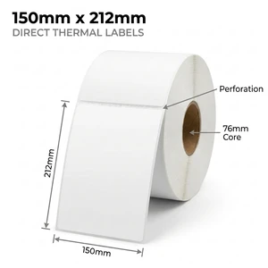 White 150mm x 212mm direct thermal label roll on a 76mm core, 800 labels per roll, perforated