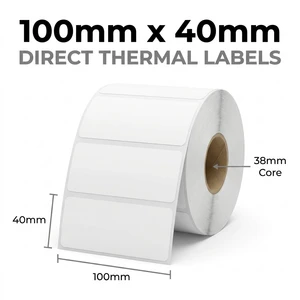 White 100mm x 40mm direct thermal label roll on a 38mm core, 1000 labels per roll