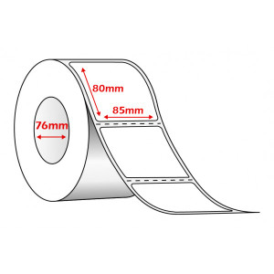 White 85mm x 80mm direct thermal label roll on a 76mm core, 1000 labels per roll, perforated