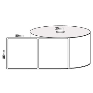 White 85mm x 80mm direct thermal label roll on a 25mm core, 500 labels per roll