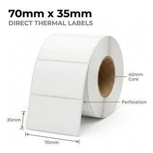 White 70mm x 35mm direct thermal label roll on a 40mm core, 1500 labels per roll, perforated