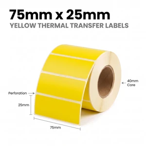 Roll of yellow 75mm x 25mm perforated thermal transfer labels on a 40mm core, 1000 labels per roll