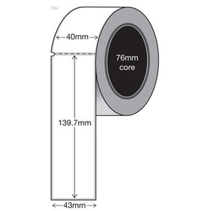 White 40mm x 140mm direct thermal label roll on a 76mm core, 1000 labels per roll, perforated