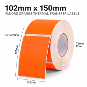 Roll of fluoro orange 102mm x 150mm perforated thermal transfer labels on a 76mm core, 1000 labels per roll