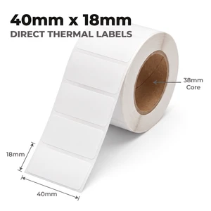 Roll of white 40mm x 18mm non perforated direct thermal labels on a 38mm core, 1000 labels per roll