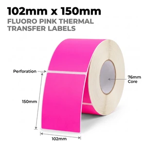 Roll of fluoro pink 102mm x 150mm perforated thermal transfer labels on a 76mm core, 1000 labels per roll