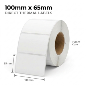 White 100mm x 65mm removable-adhesive direct thermal label roll on a 76mm core, 2000 labels per roll
