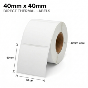 White 40mm x 40mm square removable-adhesive direct thermal label roll on a 40mm core, 2000 labels per roll