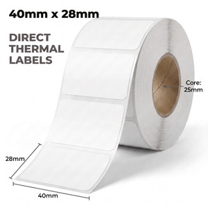 White 40mm x 28mm direct thermal label roll on a 25mm core, 2000 labels per roll