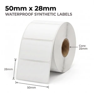 Roll of white 50mm x 28mm waterproof synthetic thermal transfer labels on a 25mm core, 1000 labels per roll
