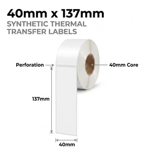 White 40mm x 137mm synthetic waterproof thermal transfer label roll on a 40mm core, 400 labels per roll, perforated