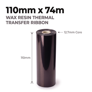 Roll of 110mm x 74m black wax resin thermal transfer ribbon on a 12.7mm core