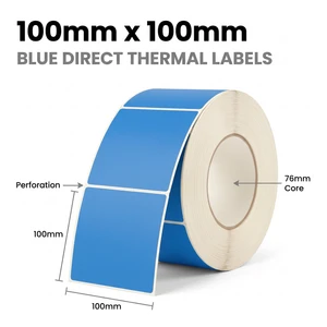 Roll of blue 100mm x 100mm perforated direct thermal labels on a 76mm core, 1000 labels per roll