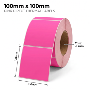 Pink 100mm x 100mm direct thermal label roll on a 76mm core, 1000 labels per roll, perforated