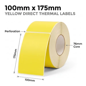 Roll of yellow 100mm x 175mm perforated direct thermal labels on a 76mm core, 1000 labels per roll
