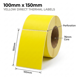 Yellow 100mm x 150mm (4x6) direct thermal label roll on a 76mm core, 1000 labels per roll, perforated