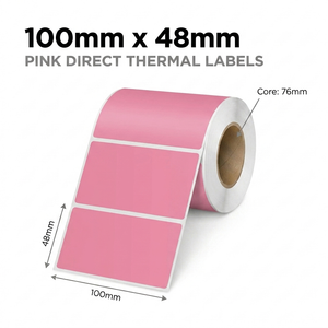 Pink 100mm x 48mm direct thermal label roll on a 76mm core, 3000 labels per roll