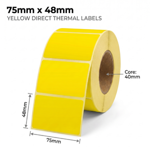 Yellow 75mm x 48mm direct thermal label roll on a 40mm core, 2000 labels per roll