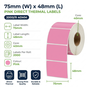 75mm (W) x 48mm (L) Thermal Direct Pink Label, Non Perforated, 40mm core, 2000 Labels/roll