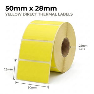 Yellow 50mm x 28mm direct thermal label roll on a 25mm core, 2000 labels per roll