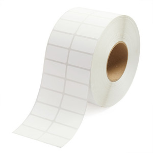 White 40mm x 28mm direct thermal label roll on a 38mm core, 4000 labels per roll, perforated