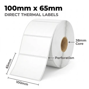 White 100mm x 65mm freezer-grade direct thermal label roll on a 38mm core, 800 labels per roll, perforated