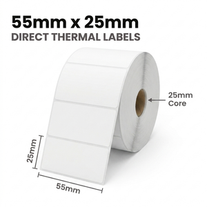 White 55mm x 25mm direct thermal label roll on a 25mm core, 2000 labels per roll, perforated