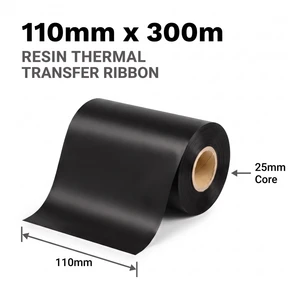 Roll of 110mm x 300m black resin thermal transfer ribbon on a 25mm cardboard core