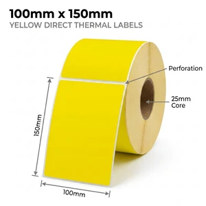 Yellow 100mm x 150mm (4x6) direct thermal label roll on a 25mm core, 400 labels per roll, perforated