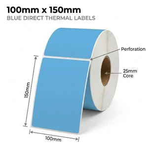 Blue 100mm x 150mm (4x6) direct thermal label roll on a 25mm core, 400 labels per roll, perforated
