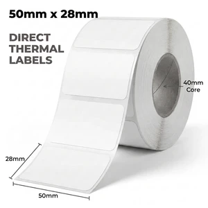 White 50mm x 28mm direct thermal label roll on a 40mm core, 2000 labels per roll