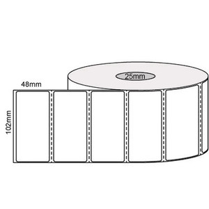 White 102mm x 48mm direct thermal label roll on a 25mm core, 1000 labels per roll, perforated