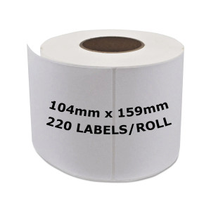 White 104mm x 159mm direct thermal label roll on a 25mm core, 220 labels per roll
