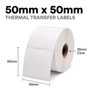 White 50mm x 50mm thermal transfer label roll on a 25mm core, 1000 labels per roll, non-perforated