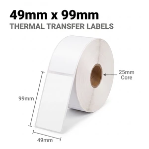 White 49mm x 99mm thermal transfer label roll on a 25mm core, 500 labels per roll, non-perforated